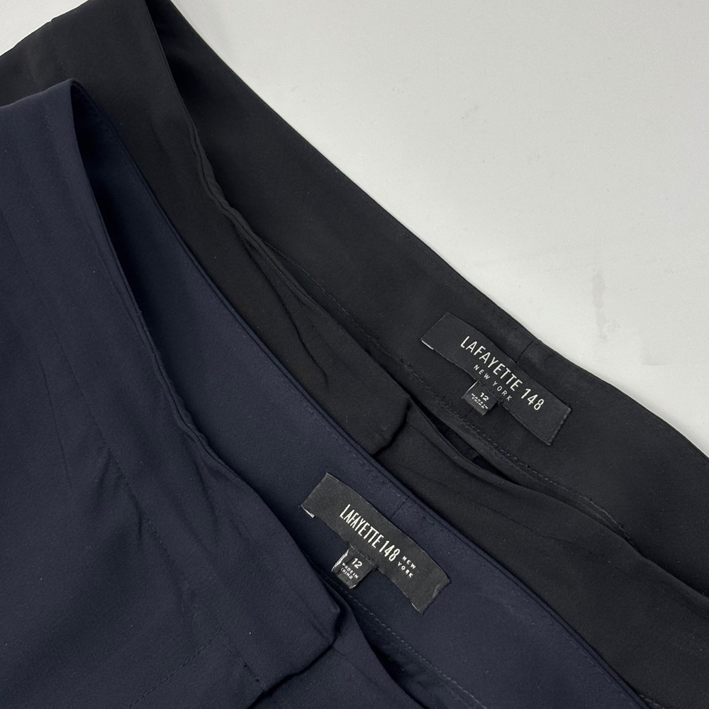 Lot of 2 Lafayette 148 New York Menswear Pants Size 12 Black & Navy Straight Leg